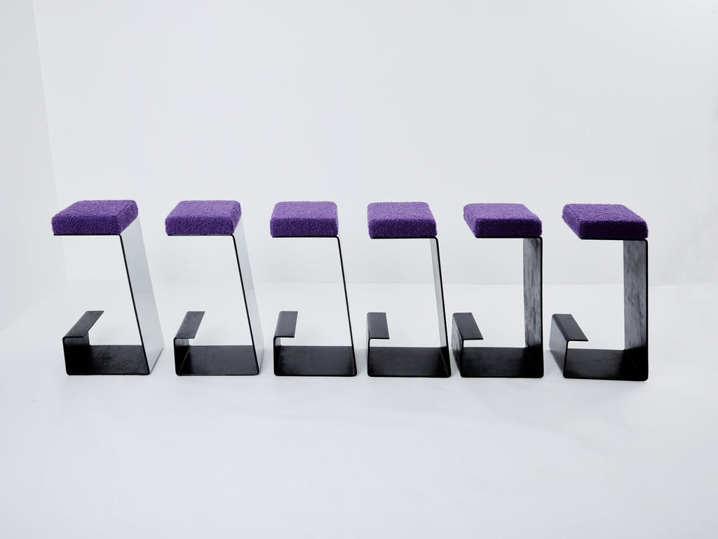 Set of six french wrought iron polished steel bouclé bar stools 1970s