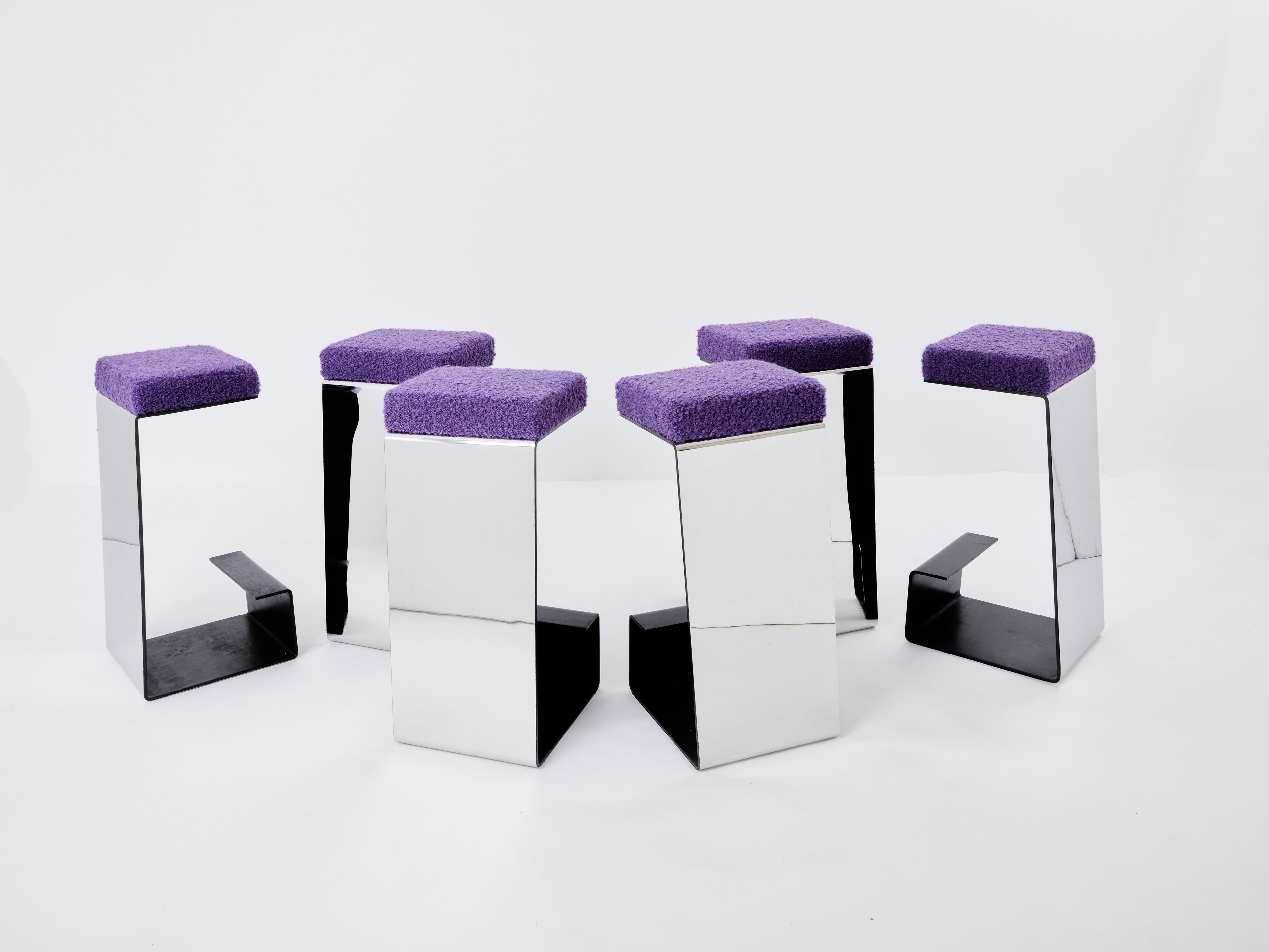 Set of six french wrought iron polished steel bouclé bar stools 1970s