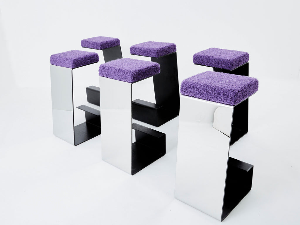 Set of six french wrought iron polished steel bouclé bar stools 1970s