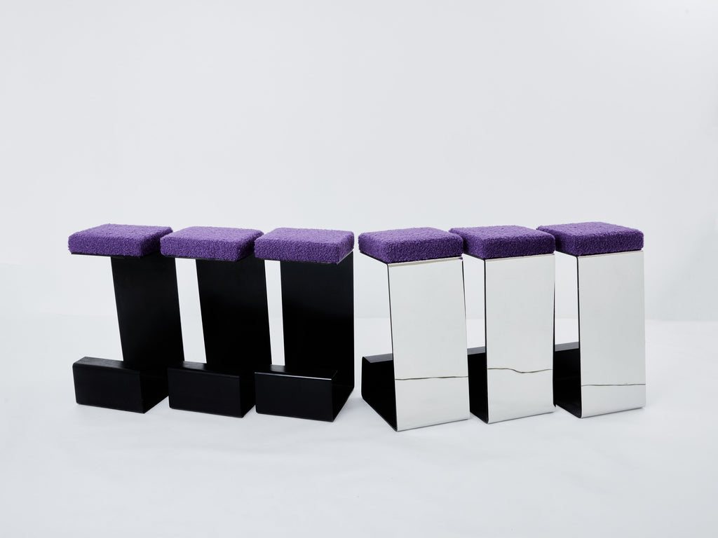 Set of six french wrought iron polished steel bouclé bar stools 1970s