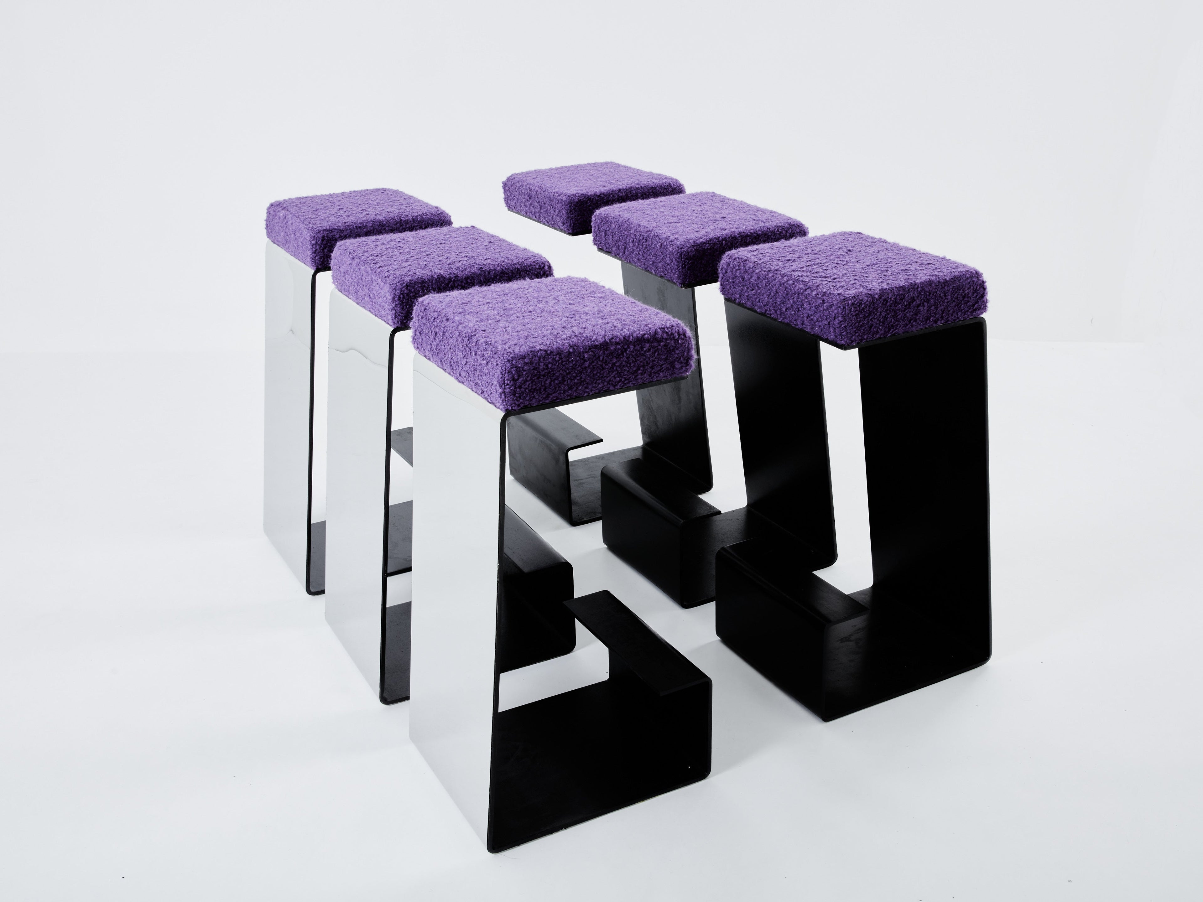 Set of six french wrought iron polished steel bouclé bar stools 1970s