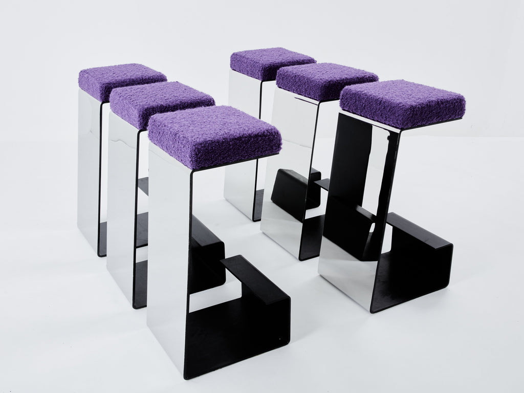 Set of six french wrought iron polished steel bouclé bar stools 1970s