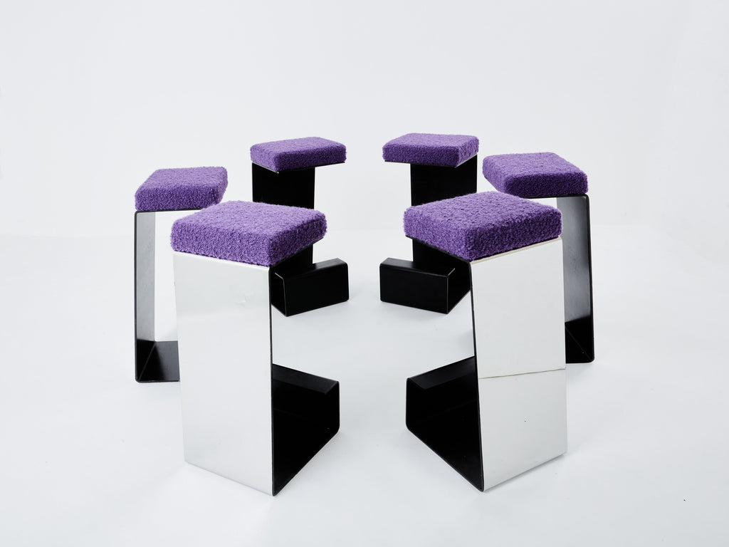 Set of six french wrought iron polished steel bouclé bar stools 1970s