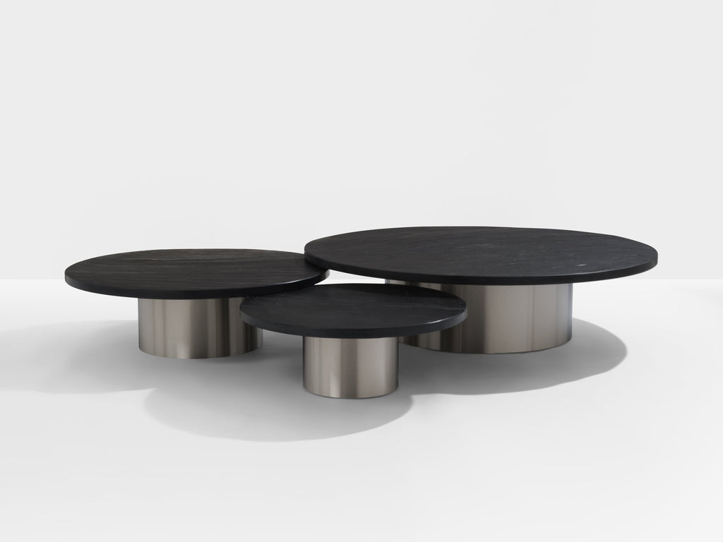 Set of three large slate tops coffee tables brushed steel 1970s