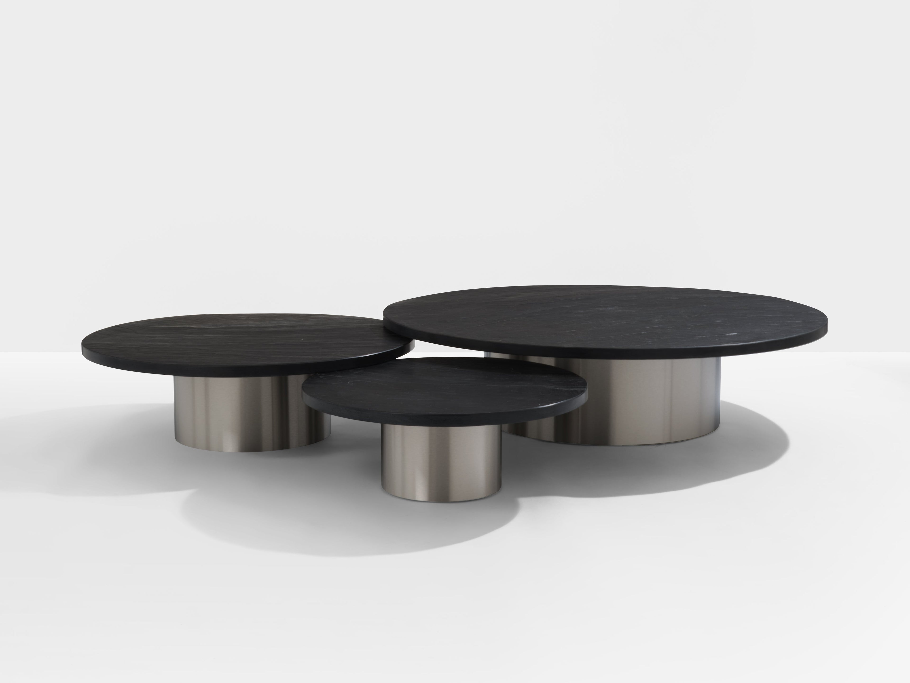 Set of three large slate tops coffee tables brushed steel 1970s