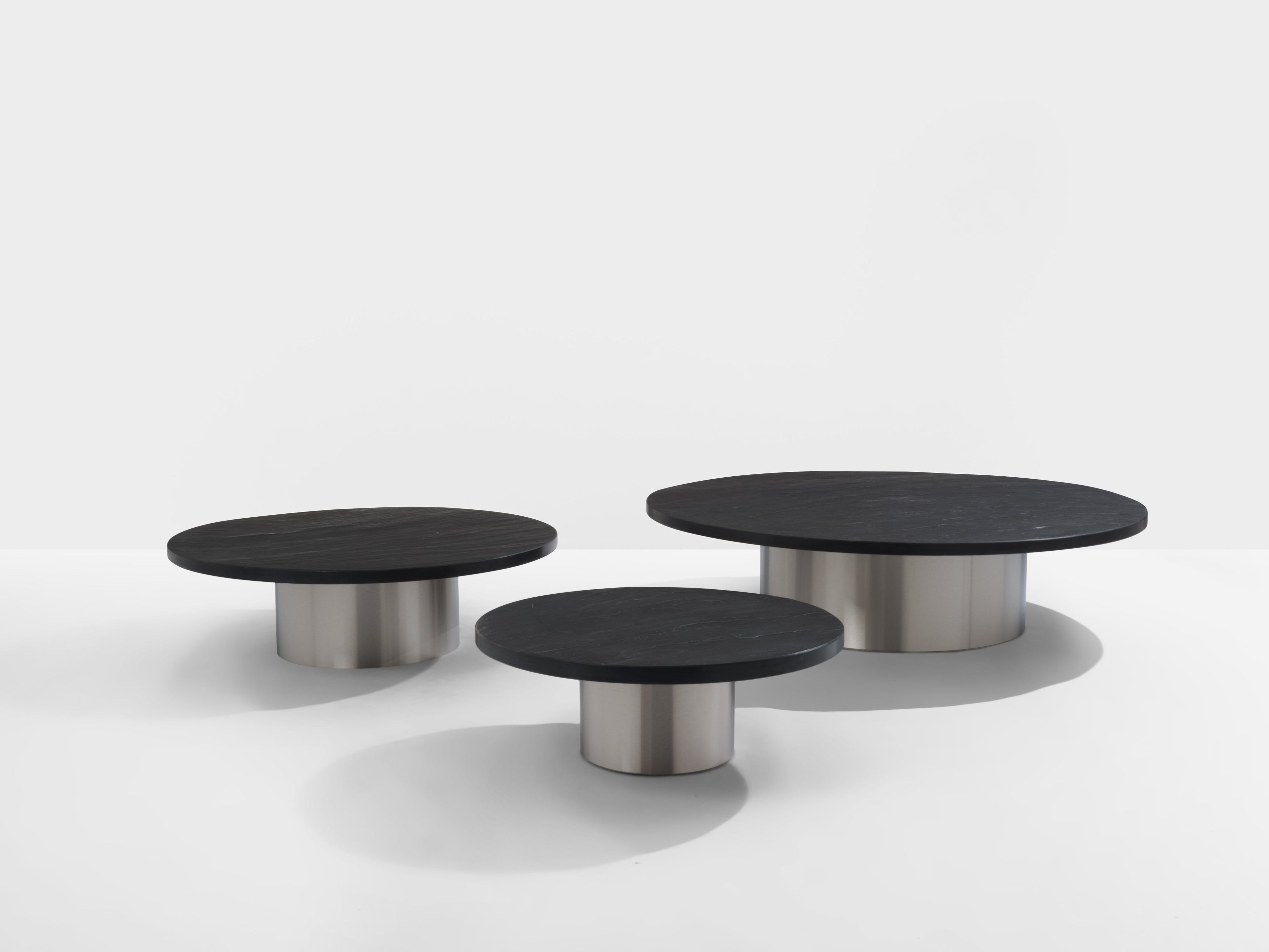 Set of three large slate tops coffee tables brushed steel 1970s