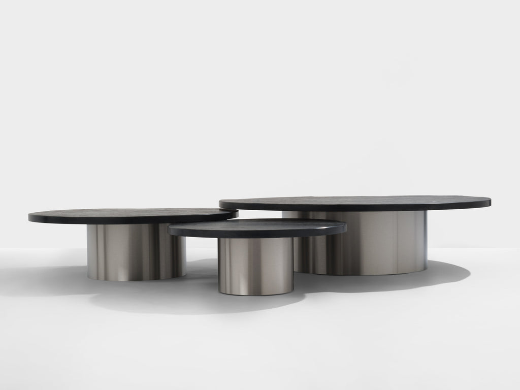 Set of three large slate tops coffee tables brushed steel 1970s