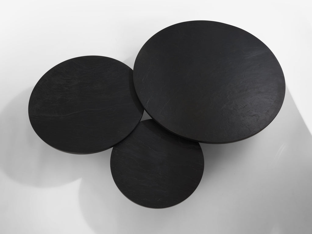 Set of three large slate tops coffee tables brushed steel 1970s