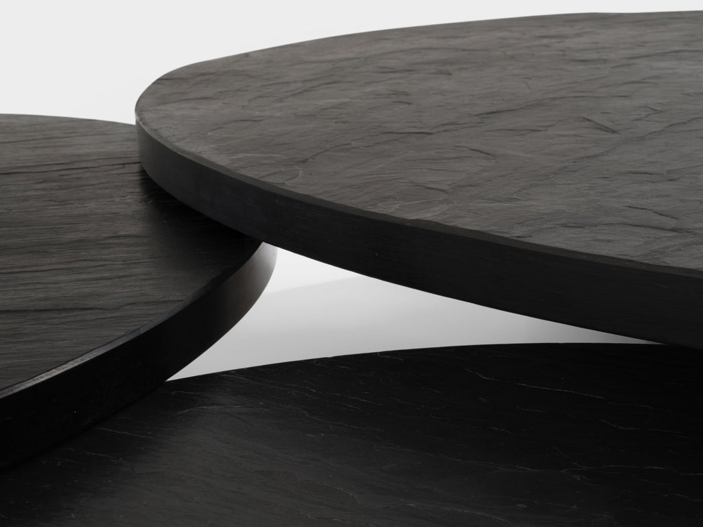 Set of three large slate tops coffee tables brushed steel 1970s