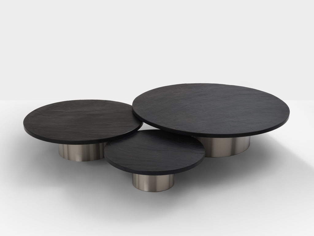 Set of three large slate tops coffee tables brushed steel 1970s