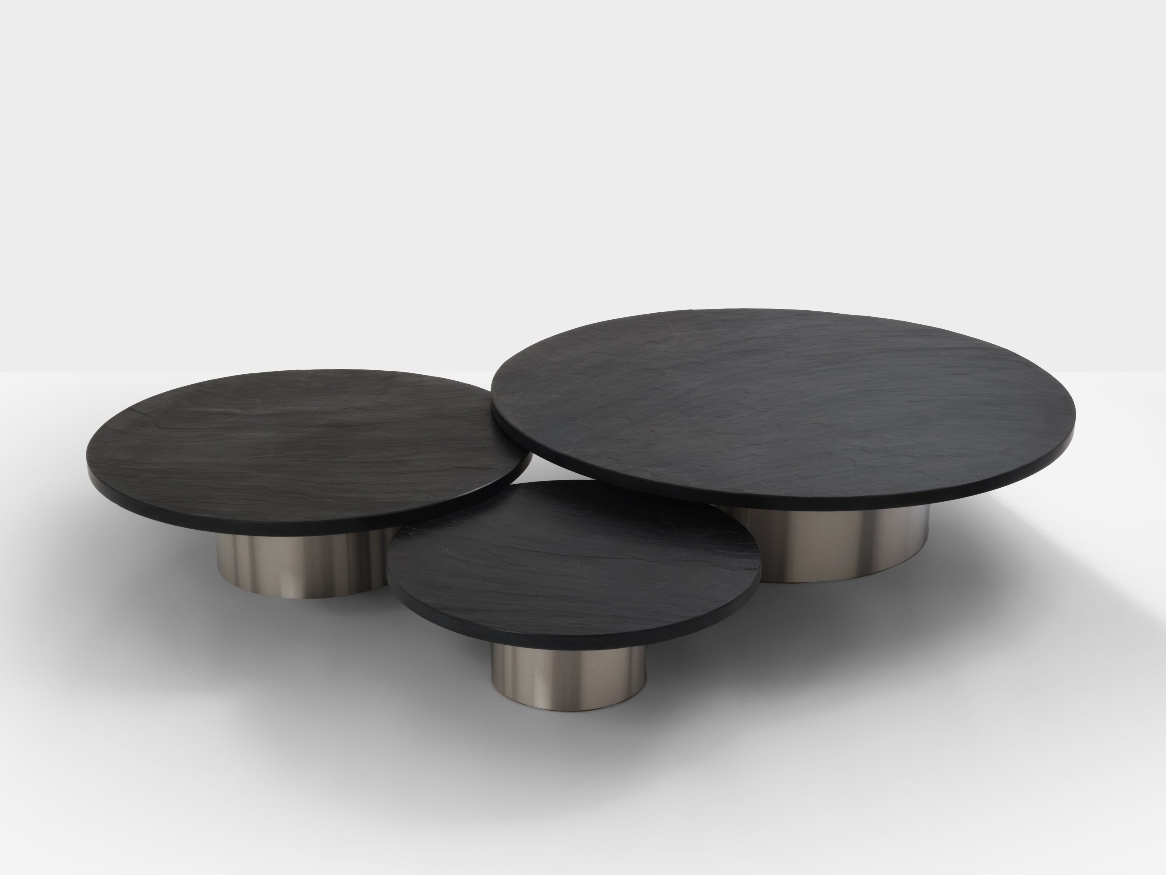 Set of three large slate tops coffee tables brushed steel 1970s