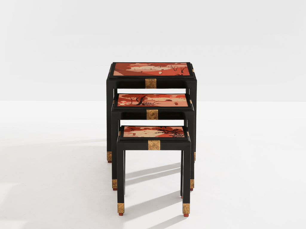 Set of three nesting tables asian decor ebonized and gilt wood 1920s