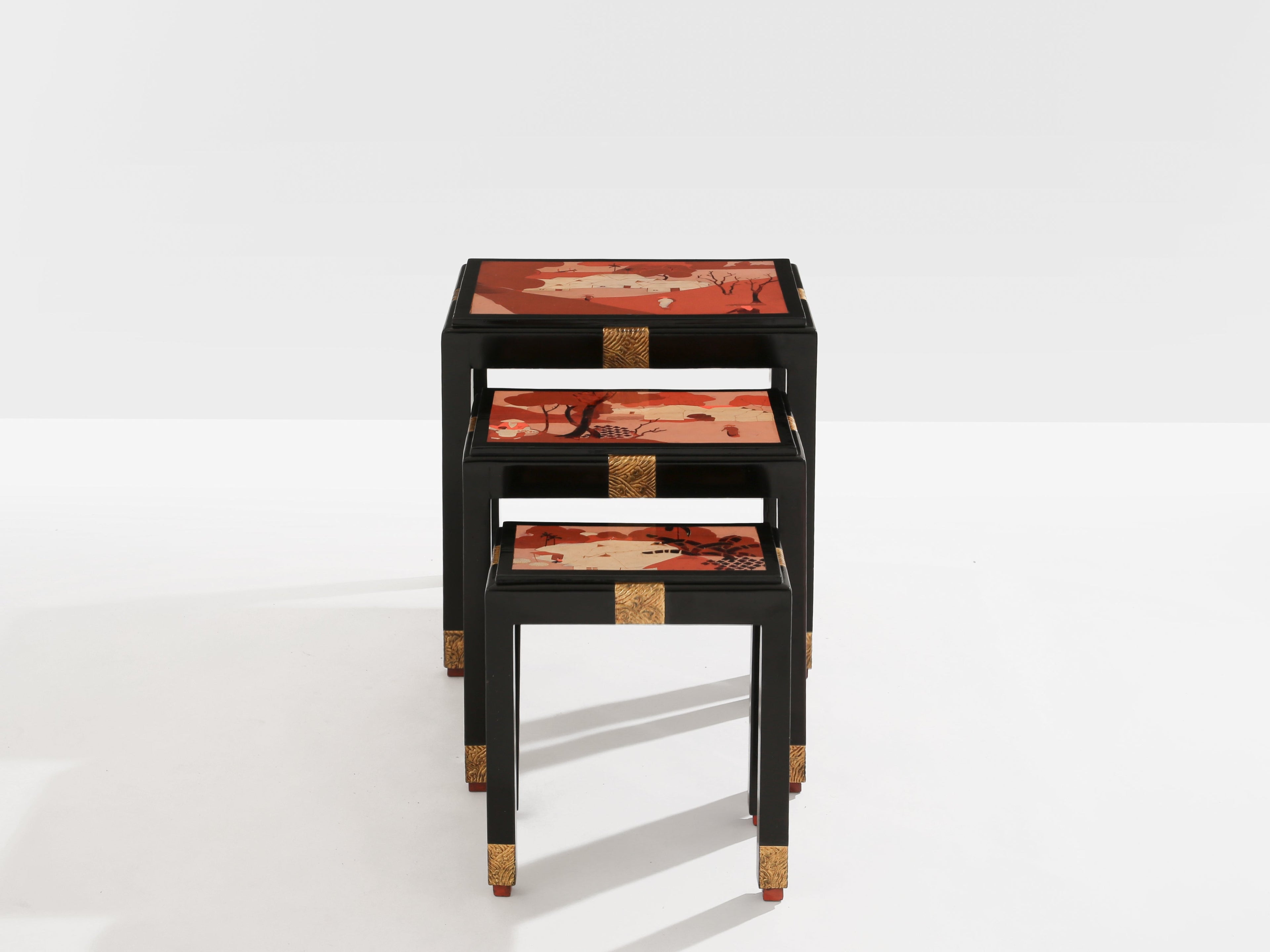 Set of three nesting tables asian decor ebonized and gilt wood 1920s