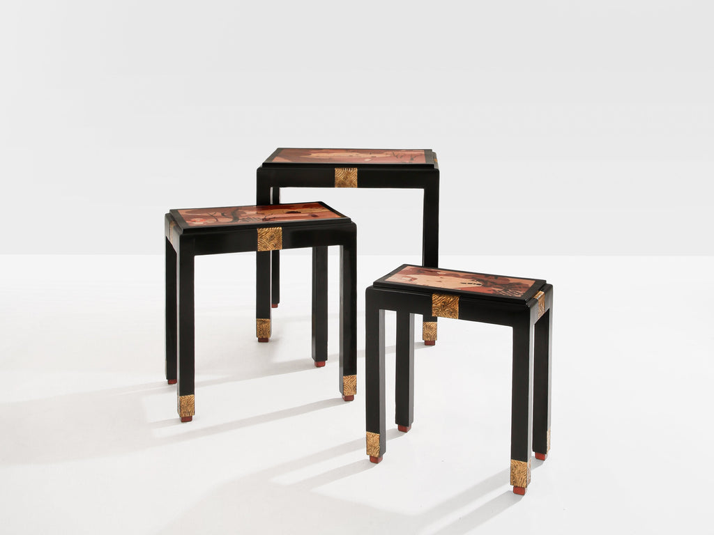 Set of three nesting tables asian decor ebonized and gilt wood 1920s