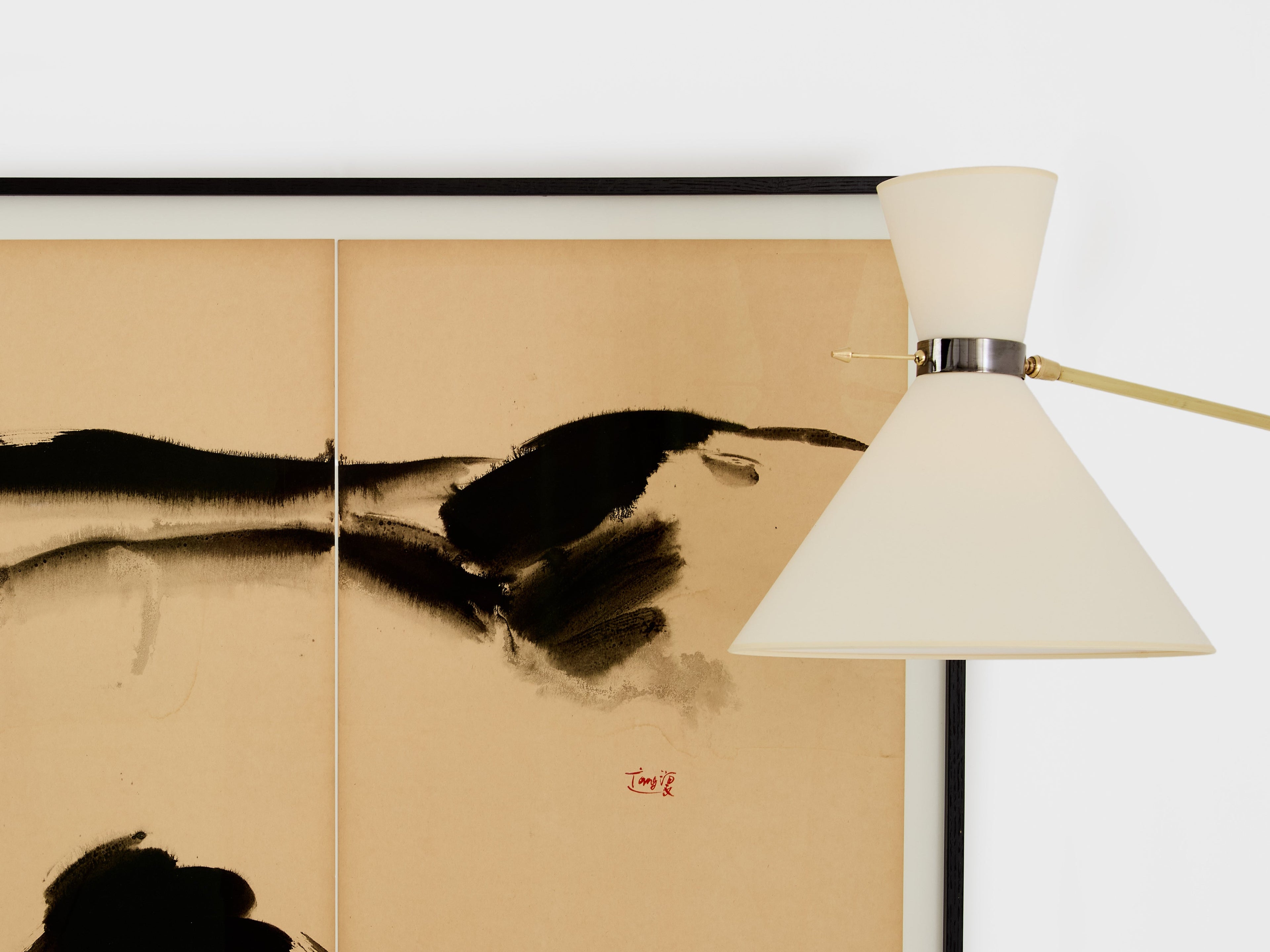 T’ang Haywen signed diptych ink on beige paper 1970