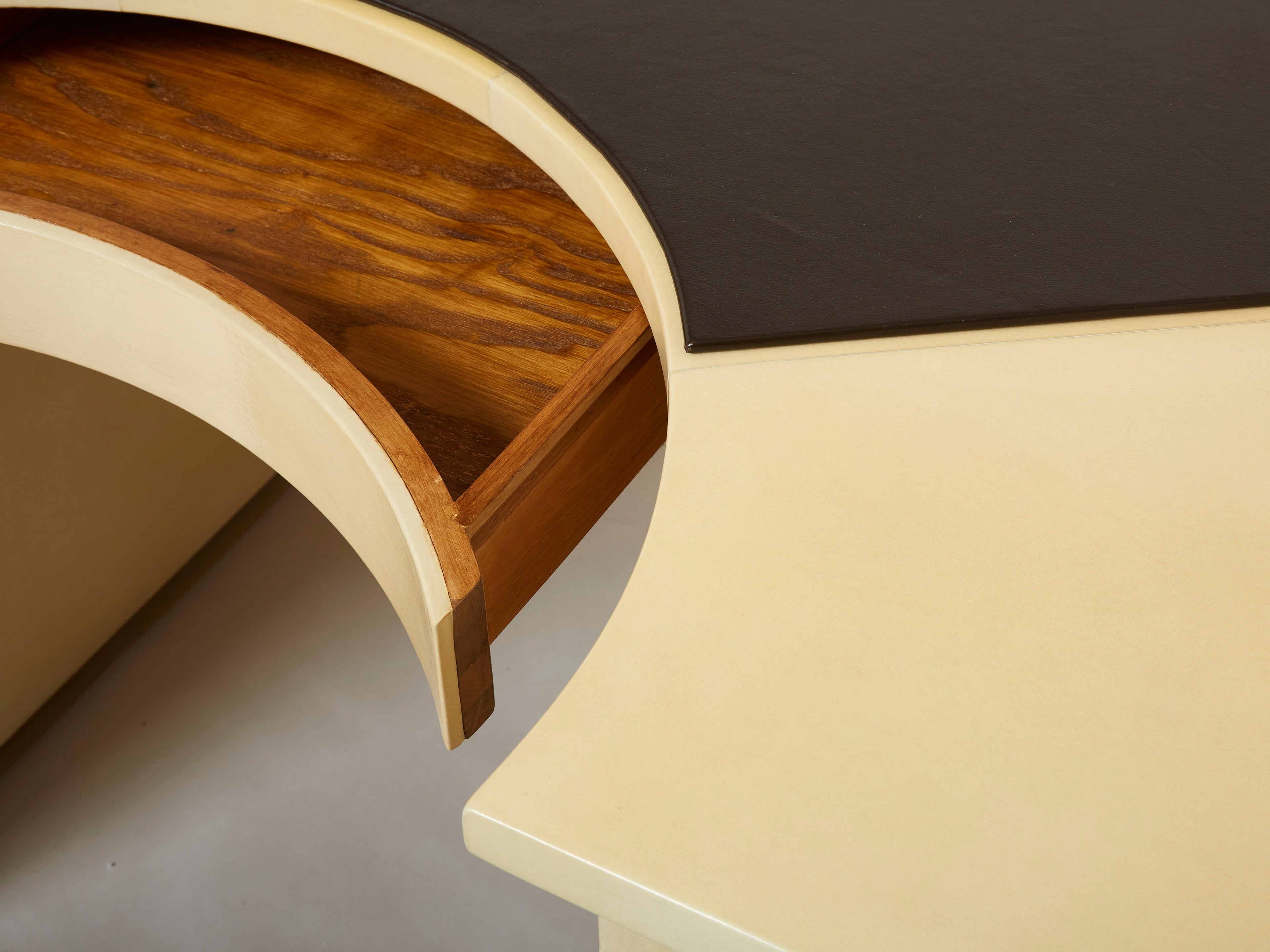 Unique Jacques Adnet curved parchment desk 1940