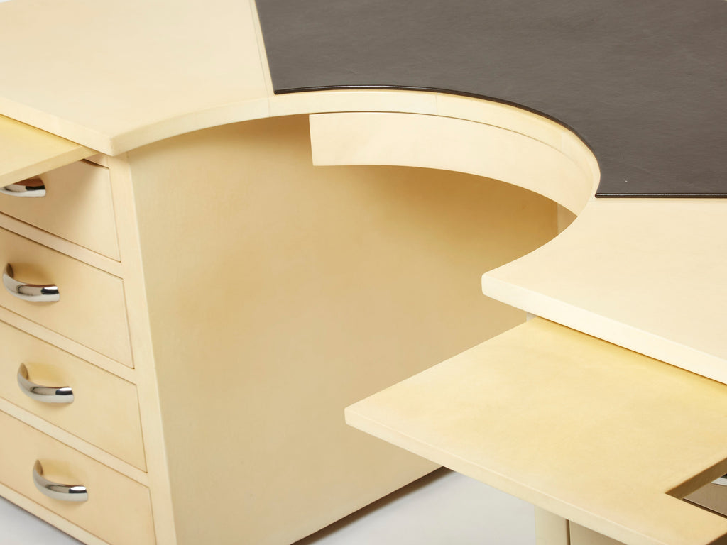Unique Jacques Adnet curved parchment desk 1940