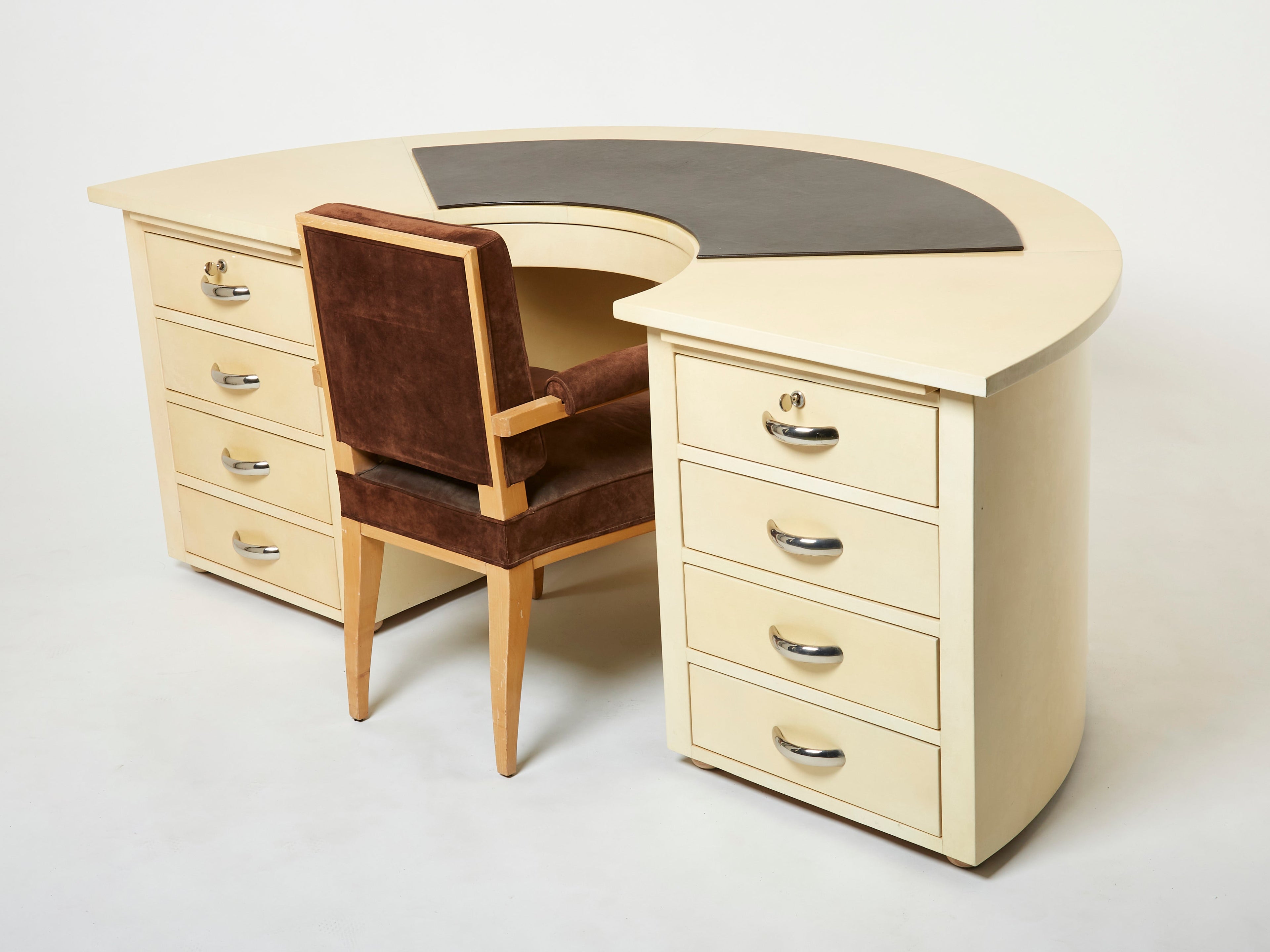 Unique Jacques Adnet curved parchment desk 1940