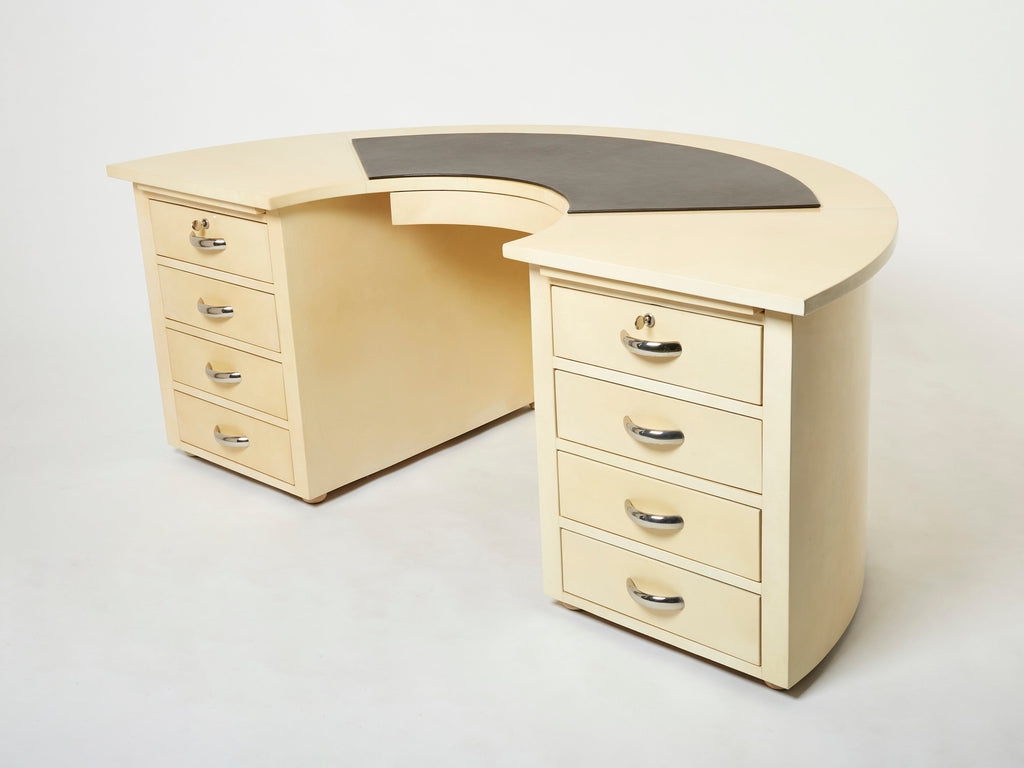 Unique Jacques Adnet curved parchment desk 1940