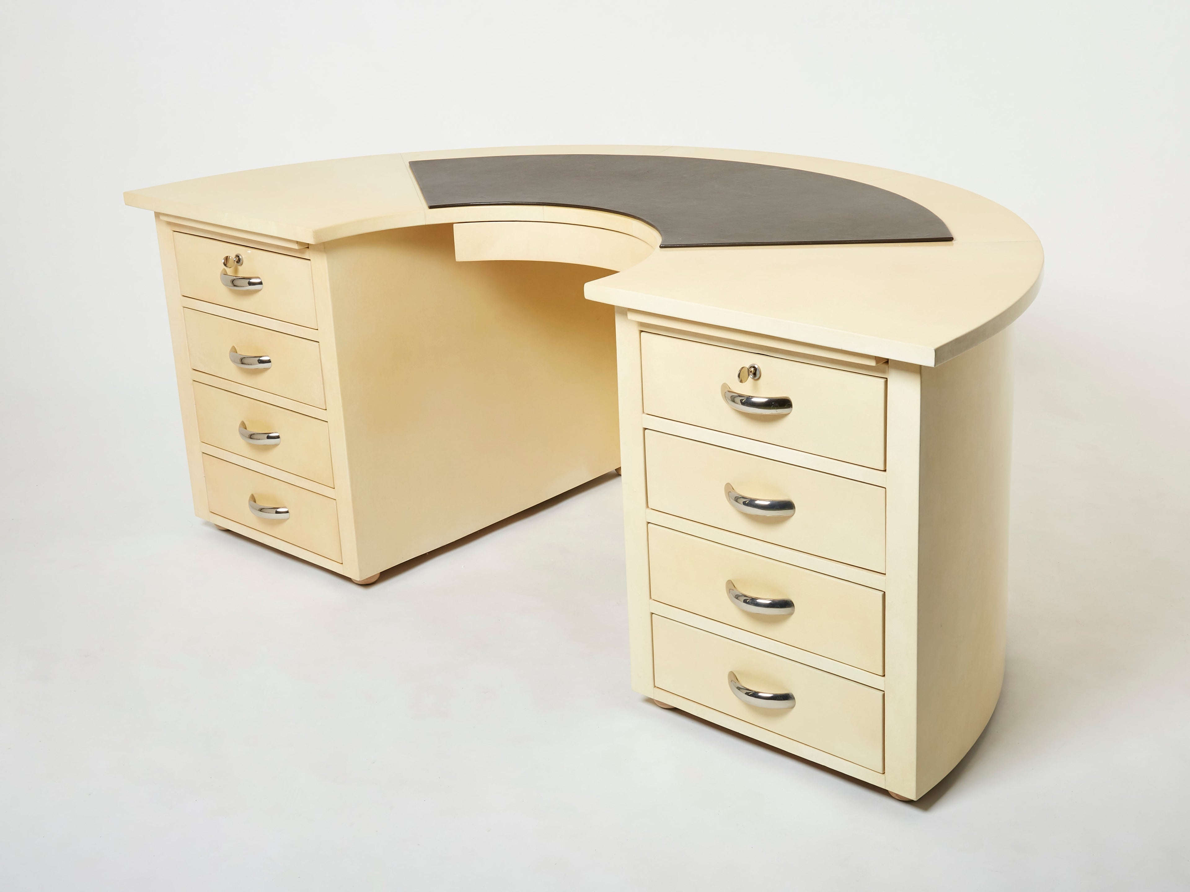 Unique Jacques Adnet curved parchment desk 1940