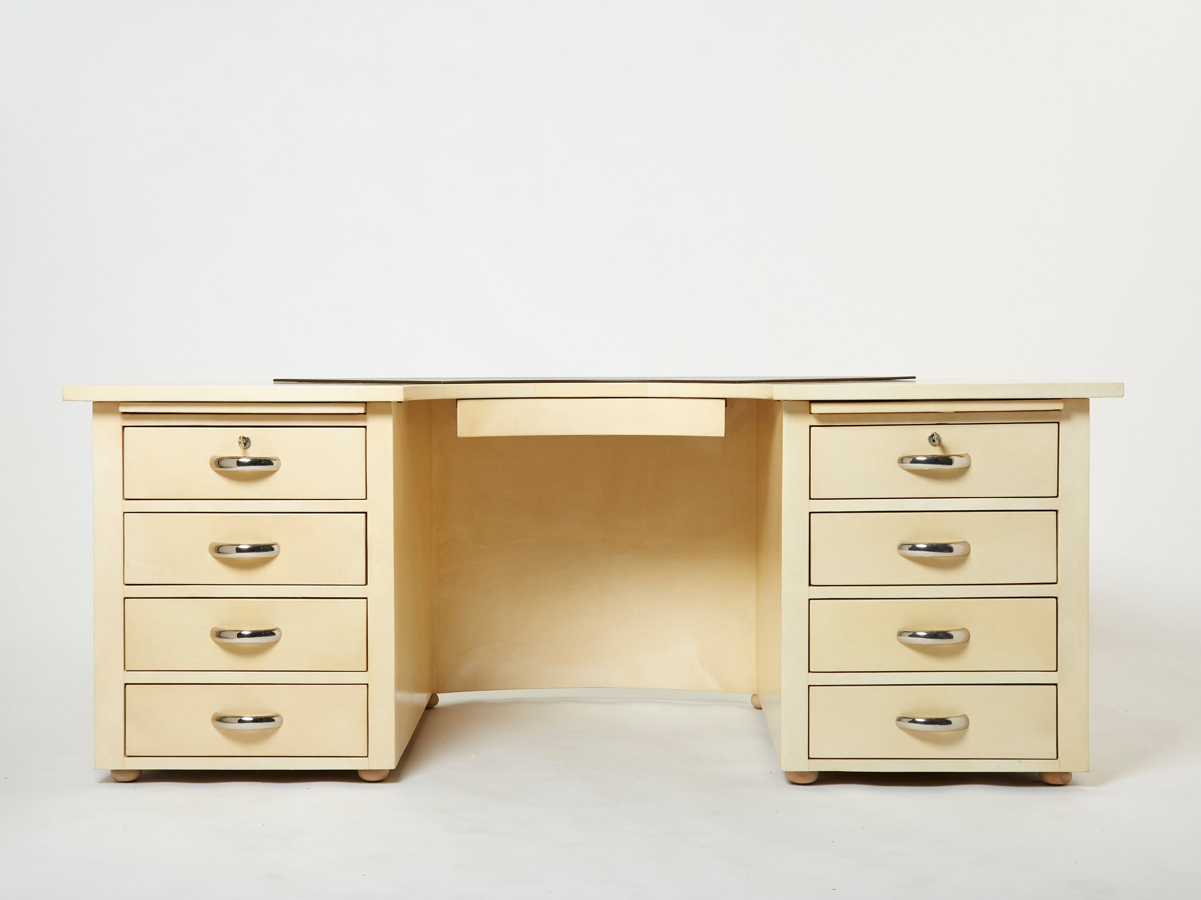 Unique Jacques Adnet curved parchment desk 1940