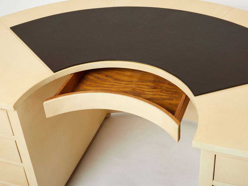 Unique Jacques Adnet curved parchment desk 1940