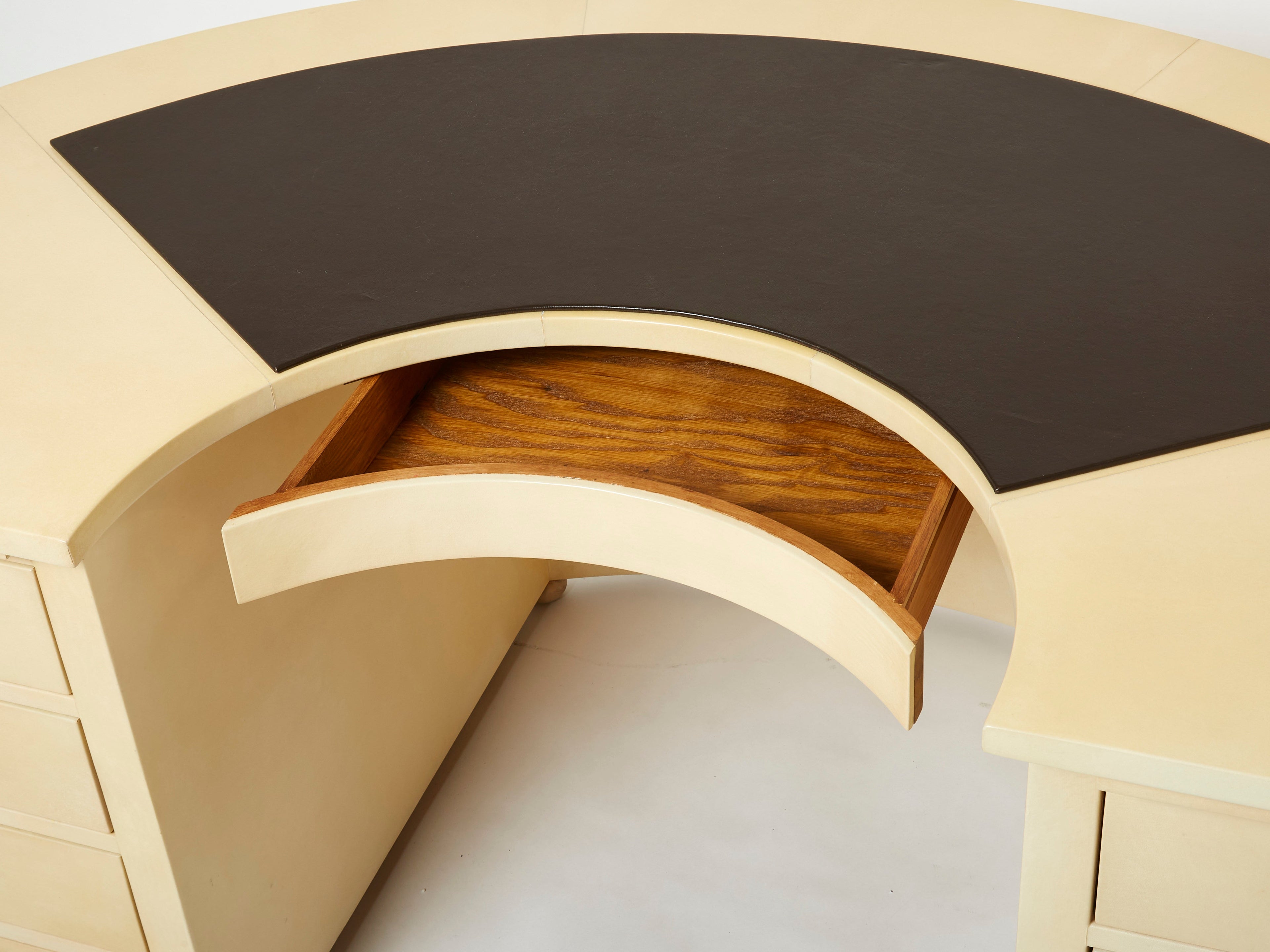 Unique Jacques Adnet curved parchment desk 1940