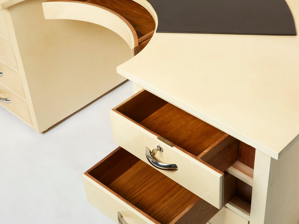 Unique Jacques Adnet curved parchment desk 1940