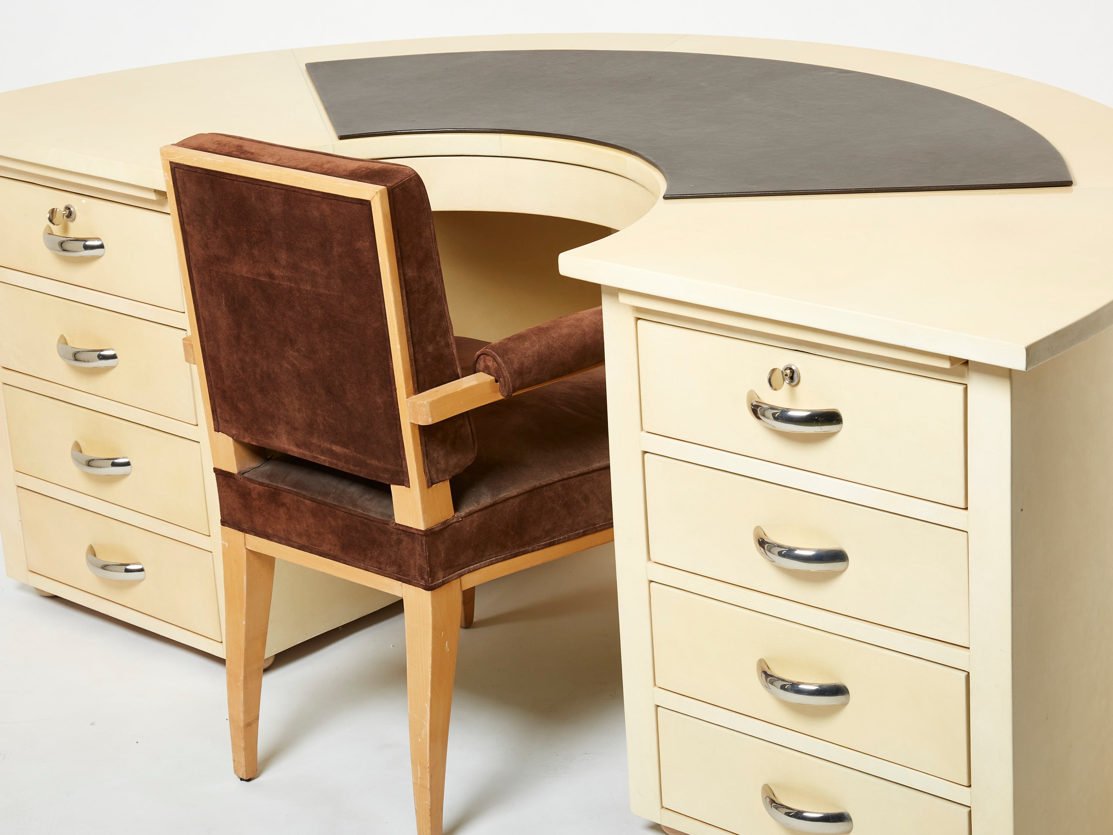 Unique Jacques Adnet curved parchment desk 1940