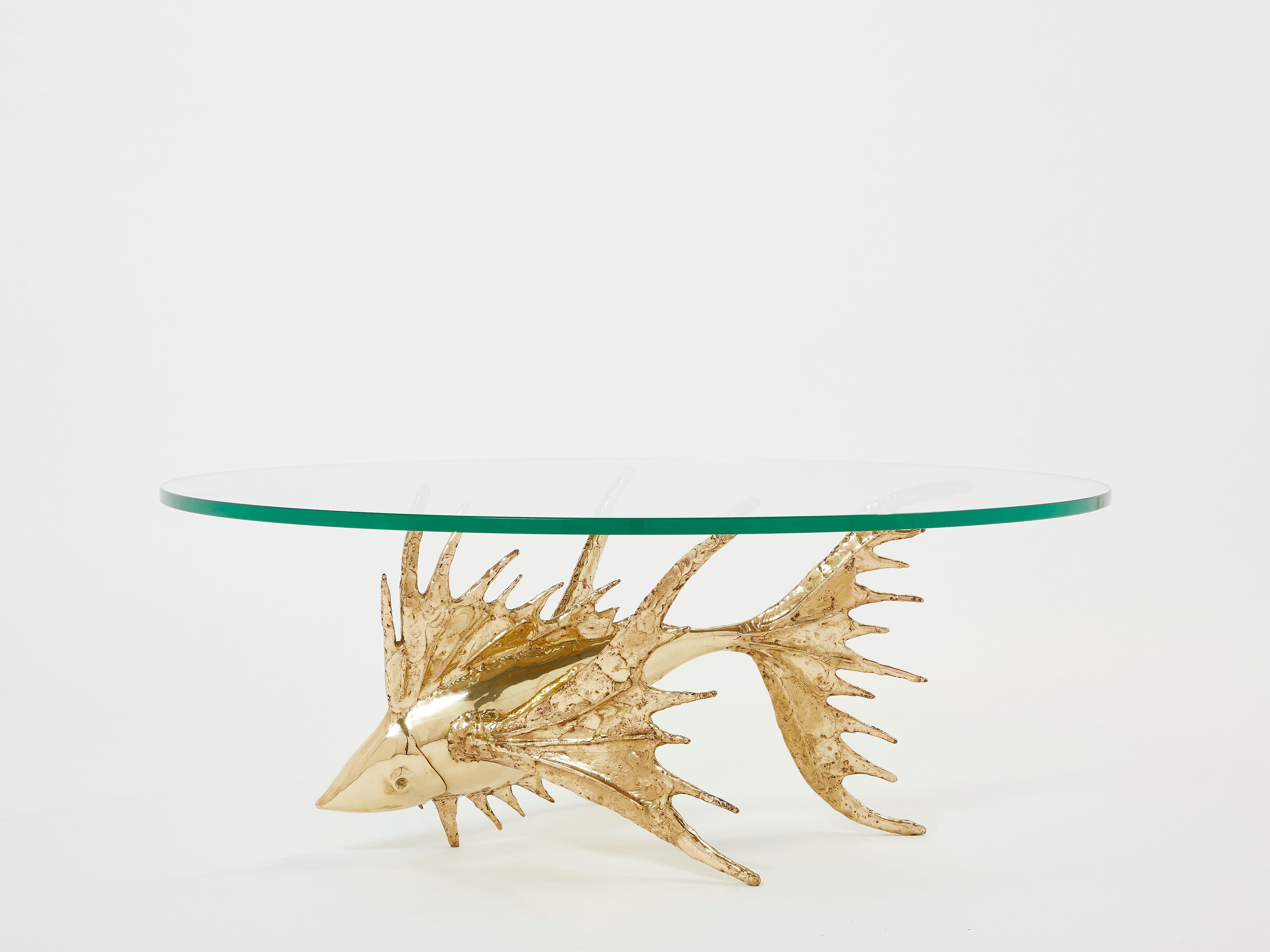 Unique signed Alain Chervet brass fish sculpture coffee table 1977