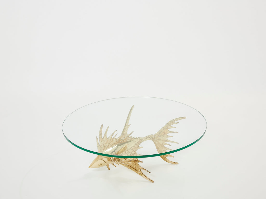 Unique signed Alain Chervet brass fish sculpture coffee table 1977