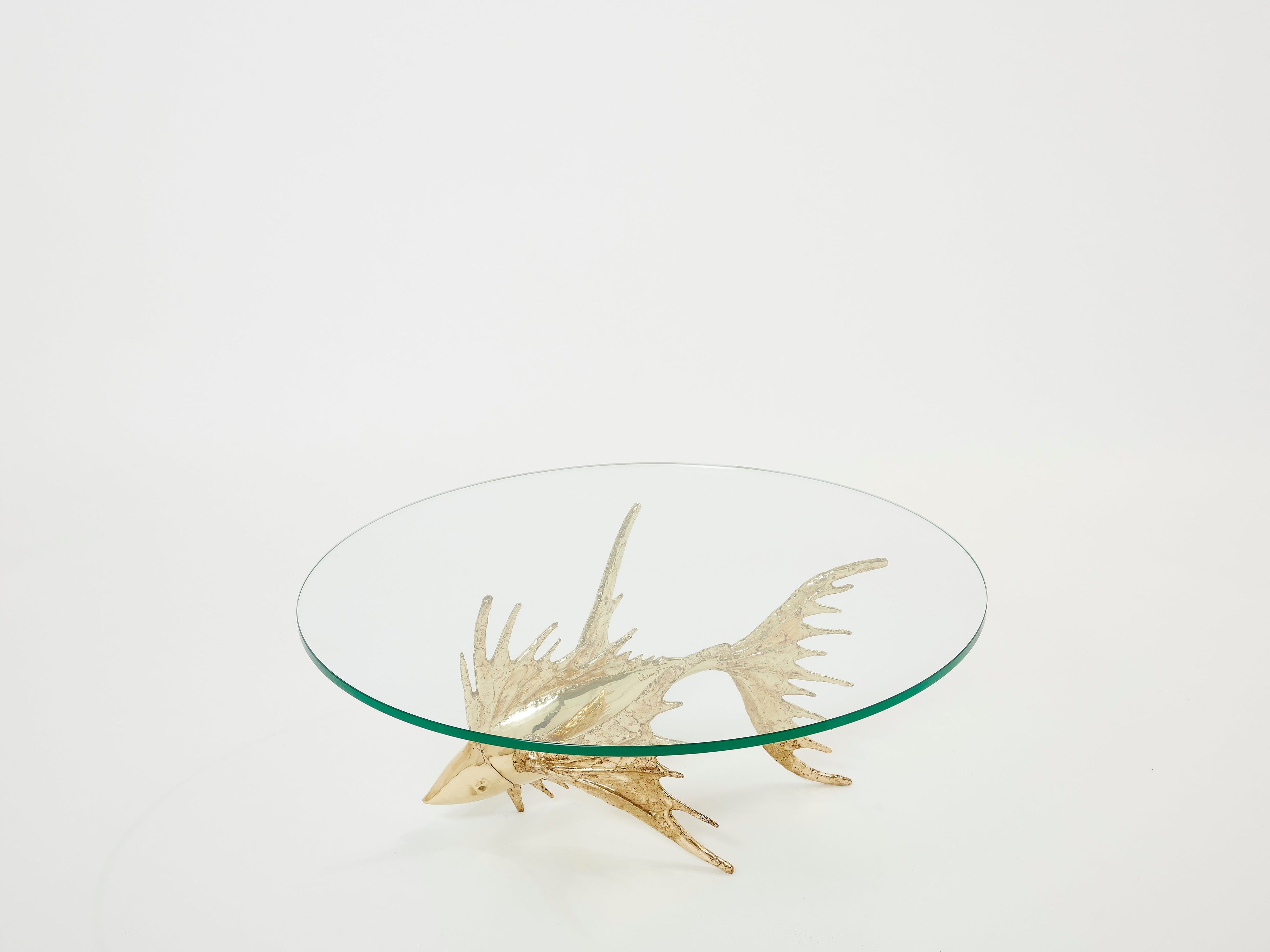Unique signed Alain Chervet brass fish sculpture coffee table 1977