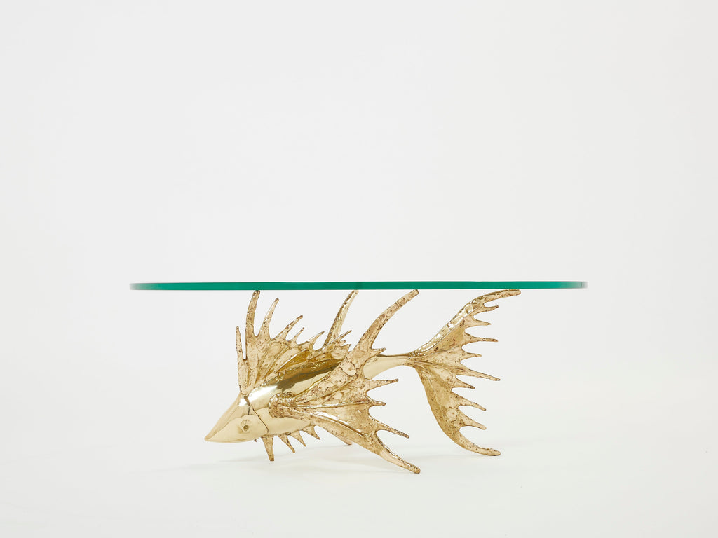 Unique signed Alain Chervet brass fish sculpture coffee table 1977