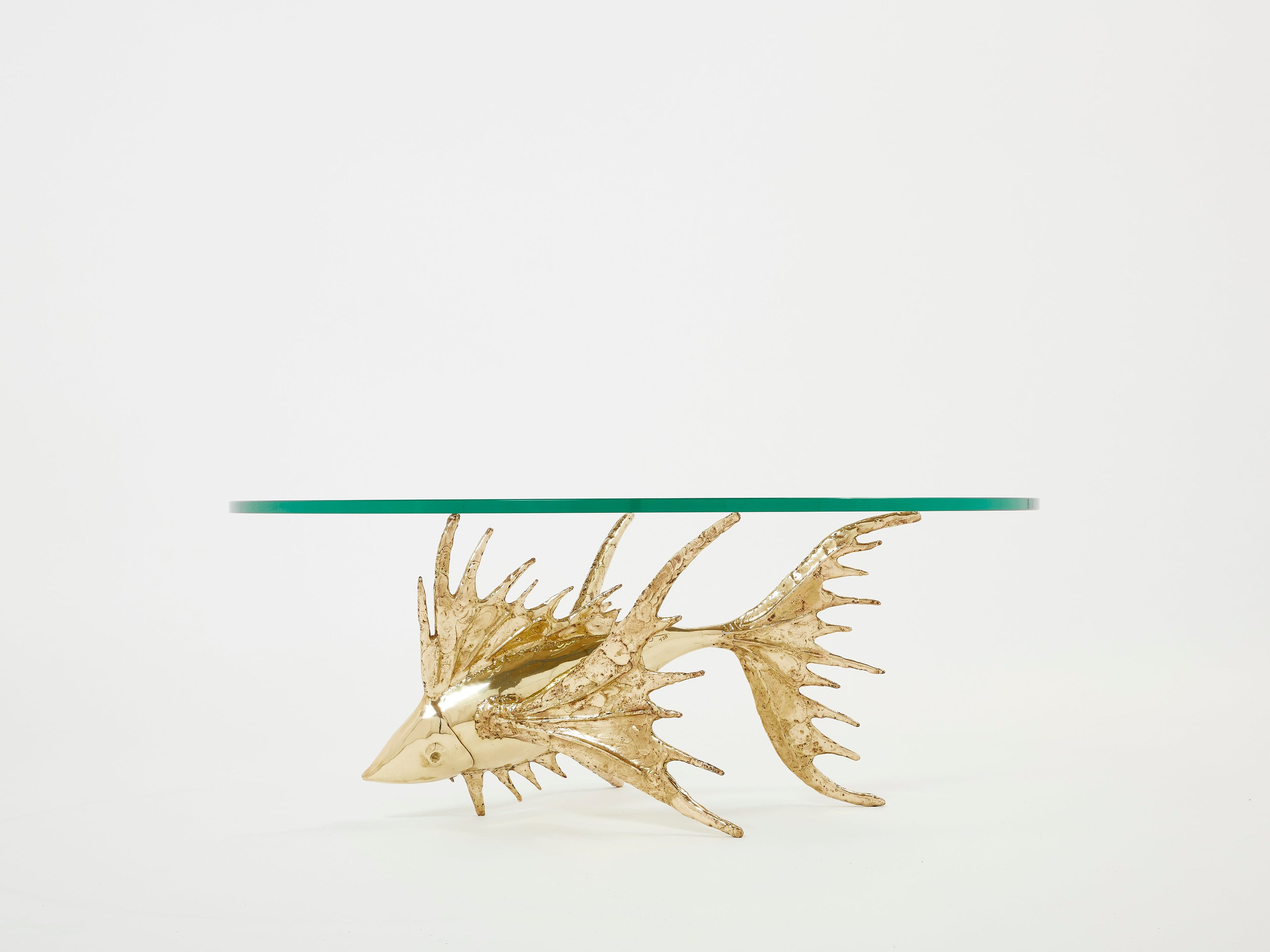 Unique signed Alain Chervet brass fish sculpture coffee table 1977