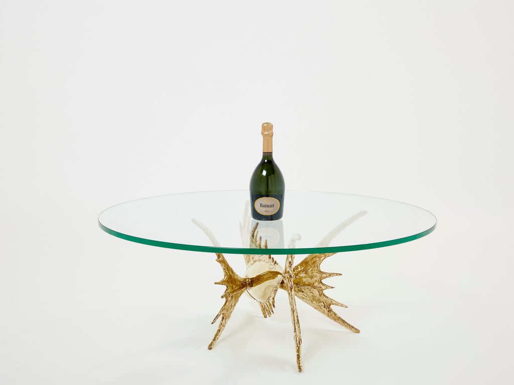 Unique signed Alain Chervet brass fish sculpture coffee table 1977