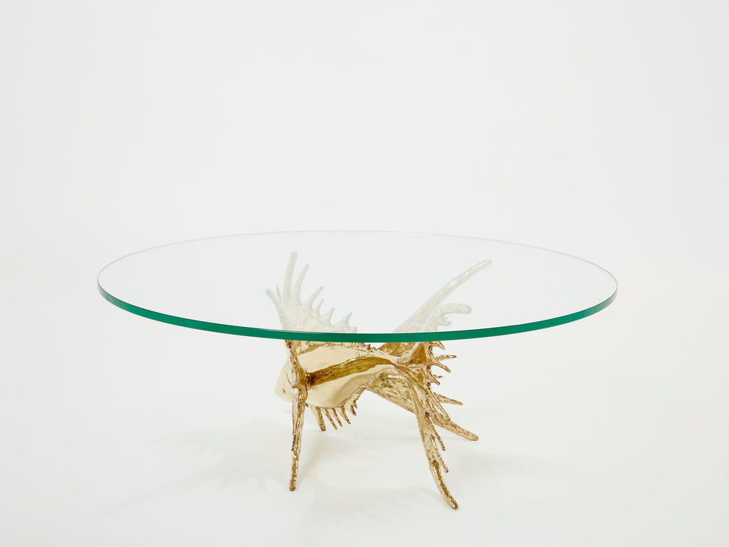 Unique signed Alain Chervet brass fish sculpture coffee table 1977