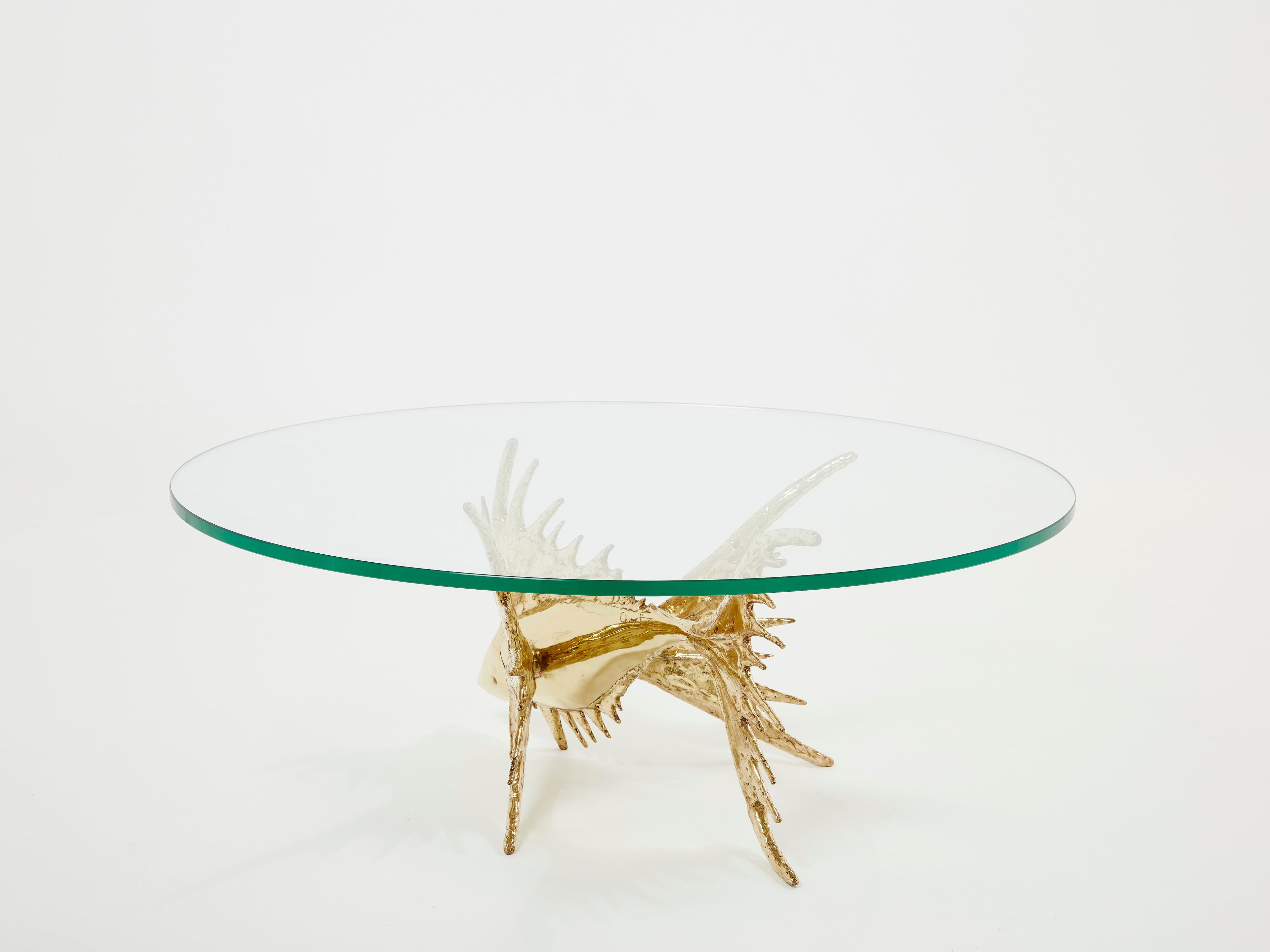 Unique signed Alain Chervet brass fish sculpture coffee table 1977