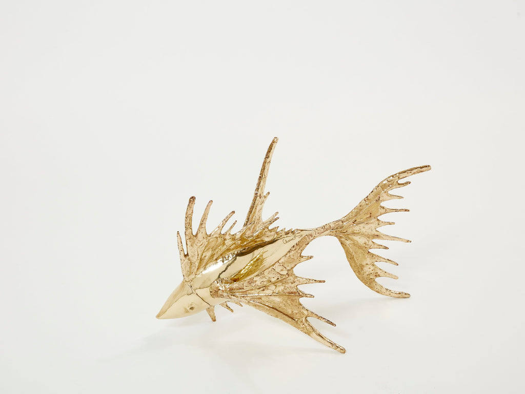 Unique signed Alain Chervet brass fish sculpture coffee table 1977