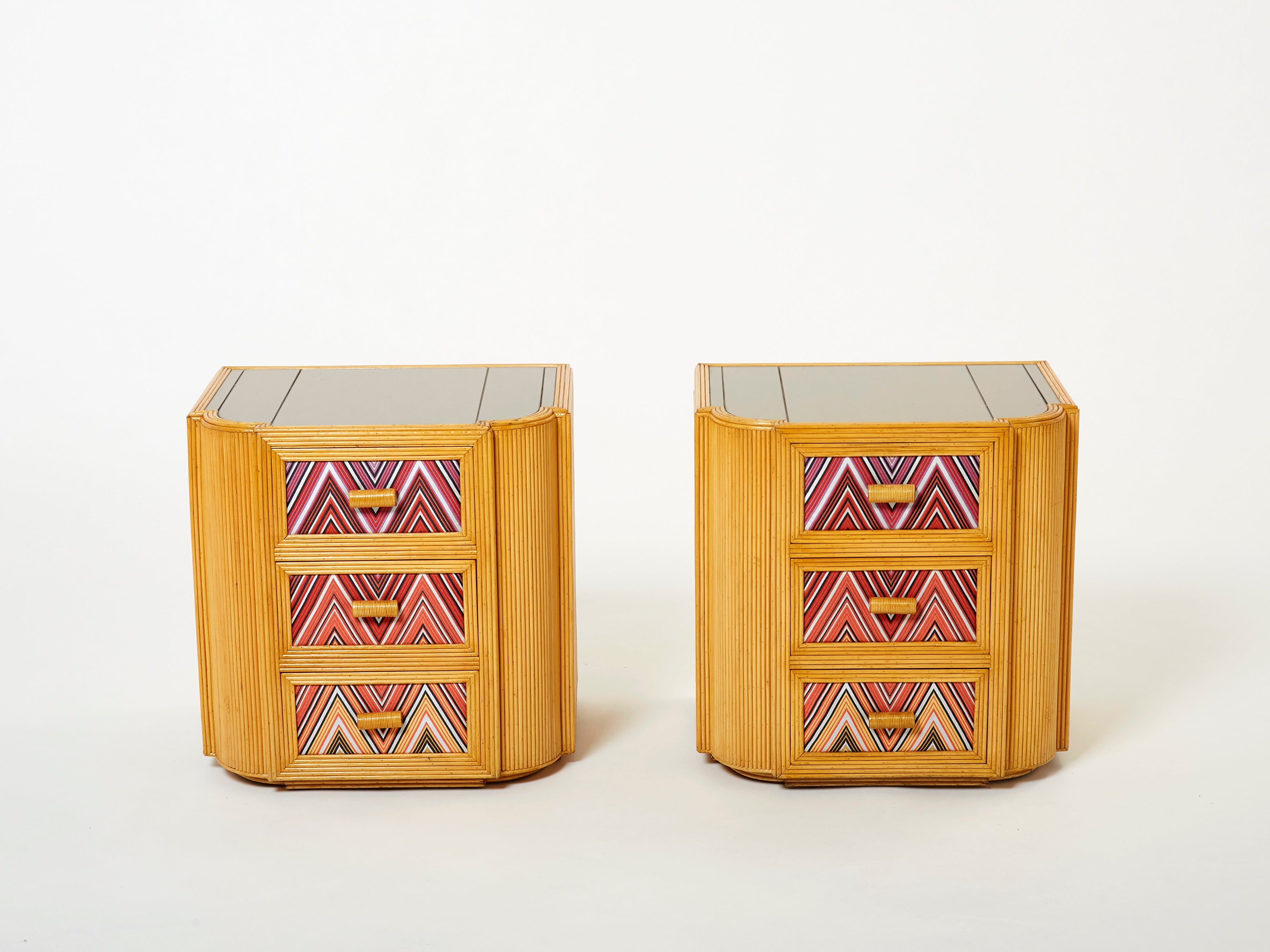 Pair of Italian Vivai Del Sud bamboo Missoni fabric night stands 1970s
