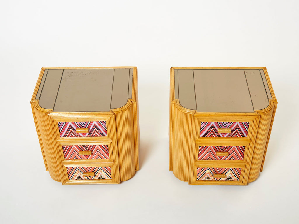 Pair of Italian Vivai Del Sud bamboo Missoni fabric night stands 1970s