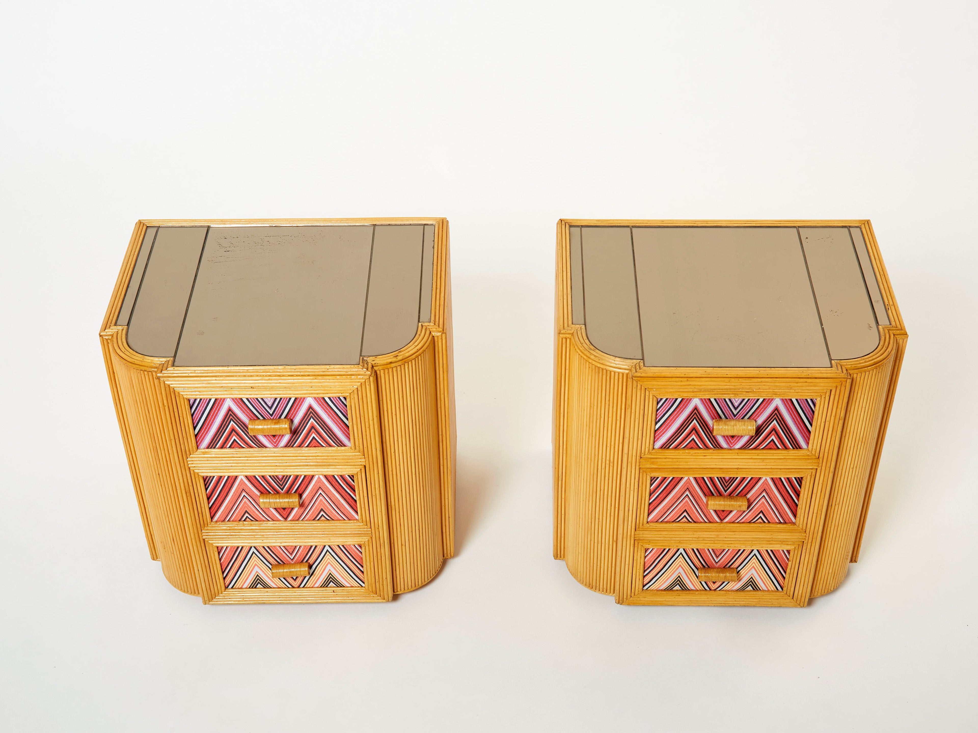 Pair of Italian Vivai Del Sud bamboo Missoni fabric night stands 1970s
