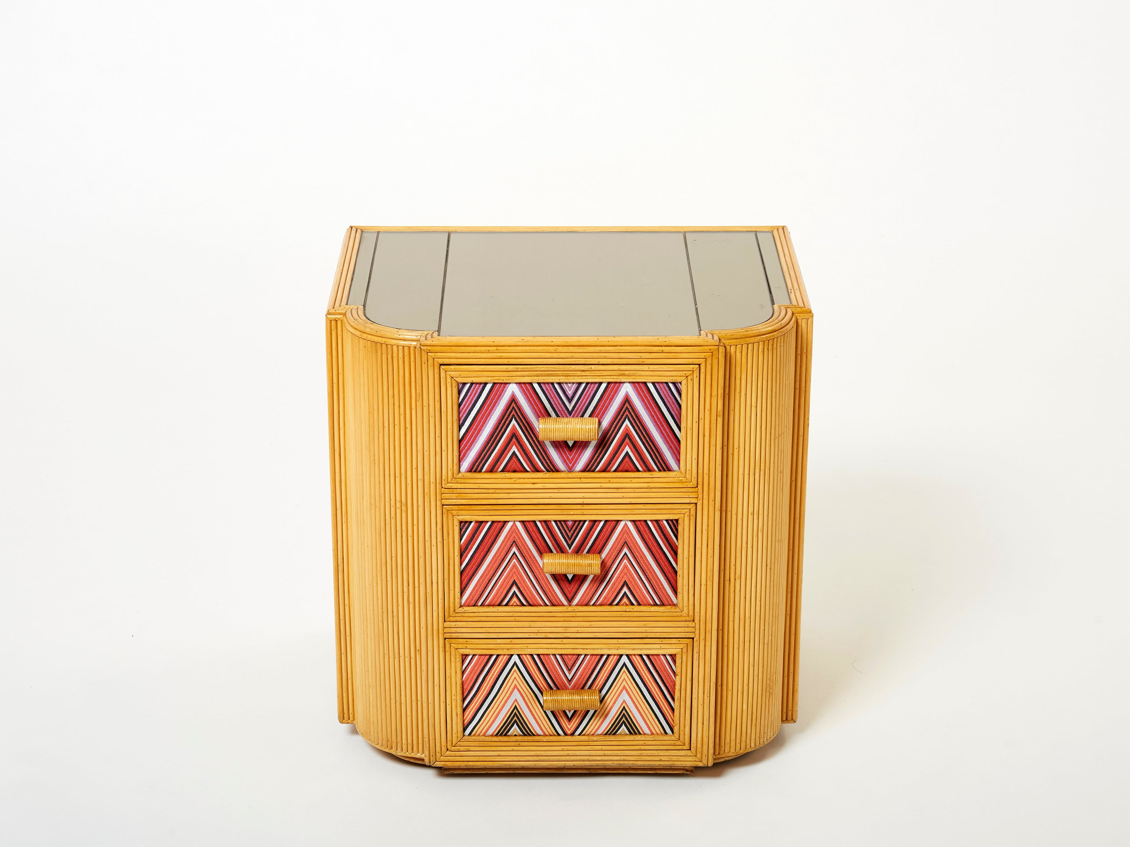 Pair of Italian Vivai Del Sud bamboo Missoni fabric night stands 1970s