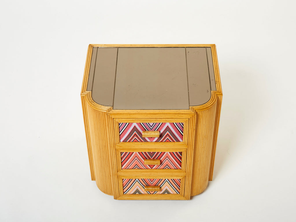Pair of Italian Vivai Del Sud bamboo Missoni fabric night stands 1970s