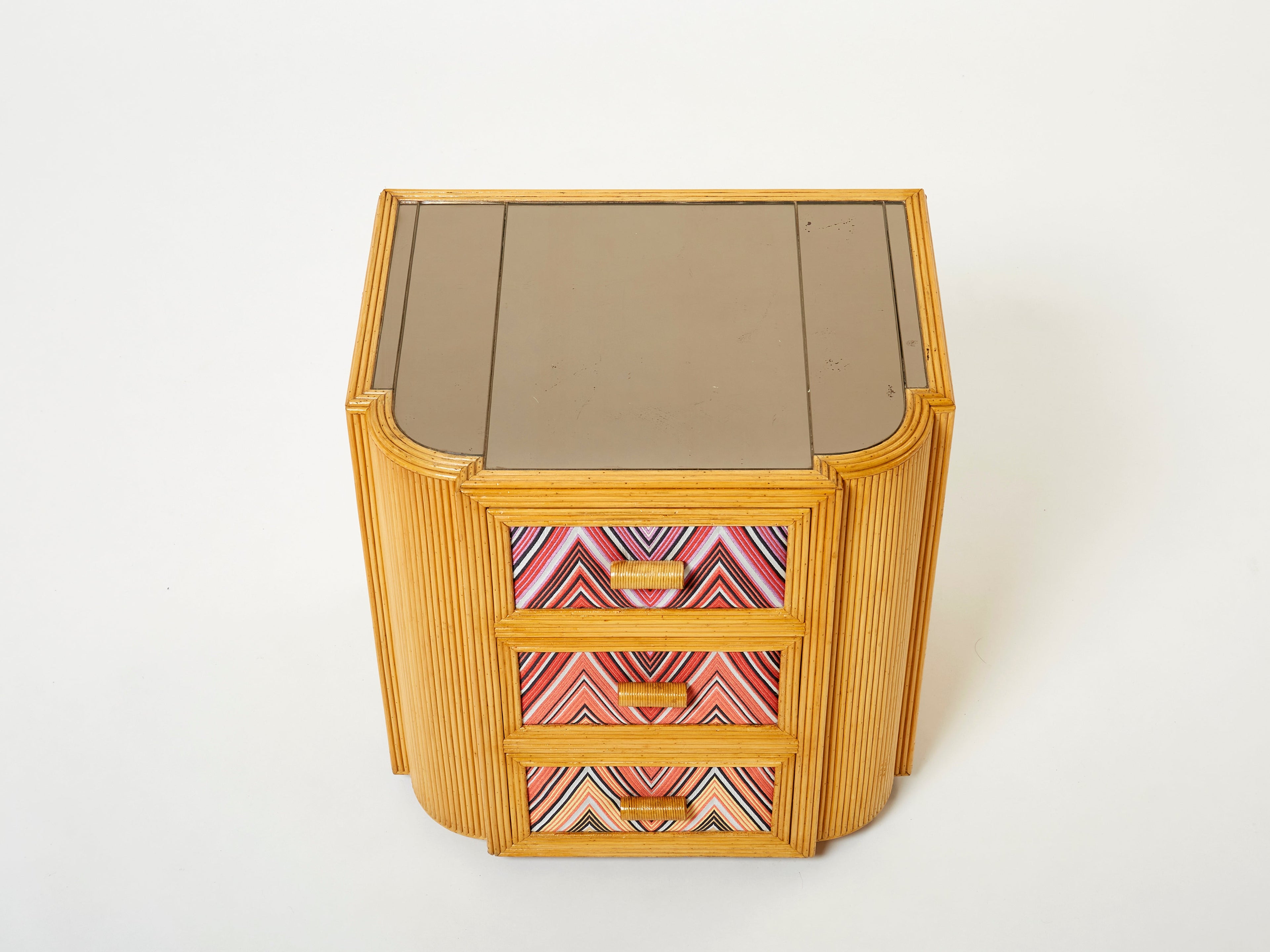 Pair of Italian Vivai Del Sud bamboo Missoni fabric night stands 1970s