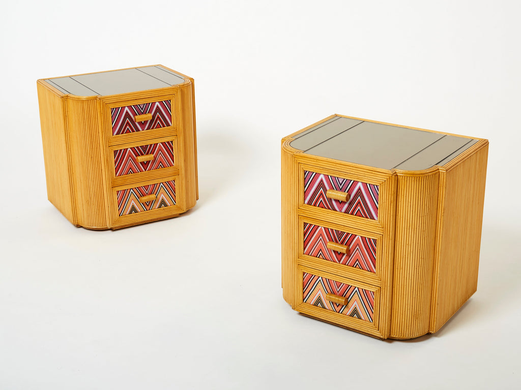 Pair of Italian Vivai Del Sud bamboo Missoni fabric night stands 1970s