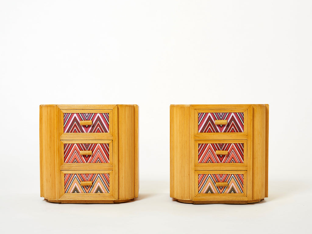 Pair of Italian Vivai Del Sud bamboo Missoni fabric night stands 1970s