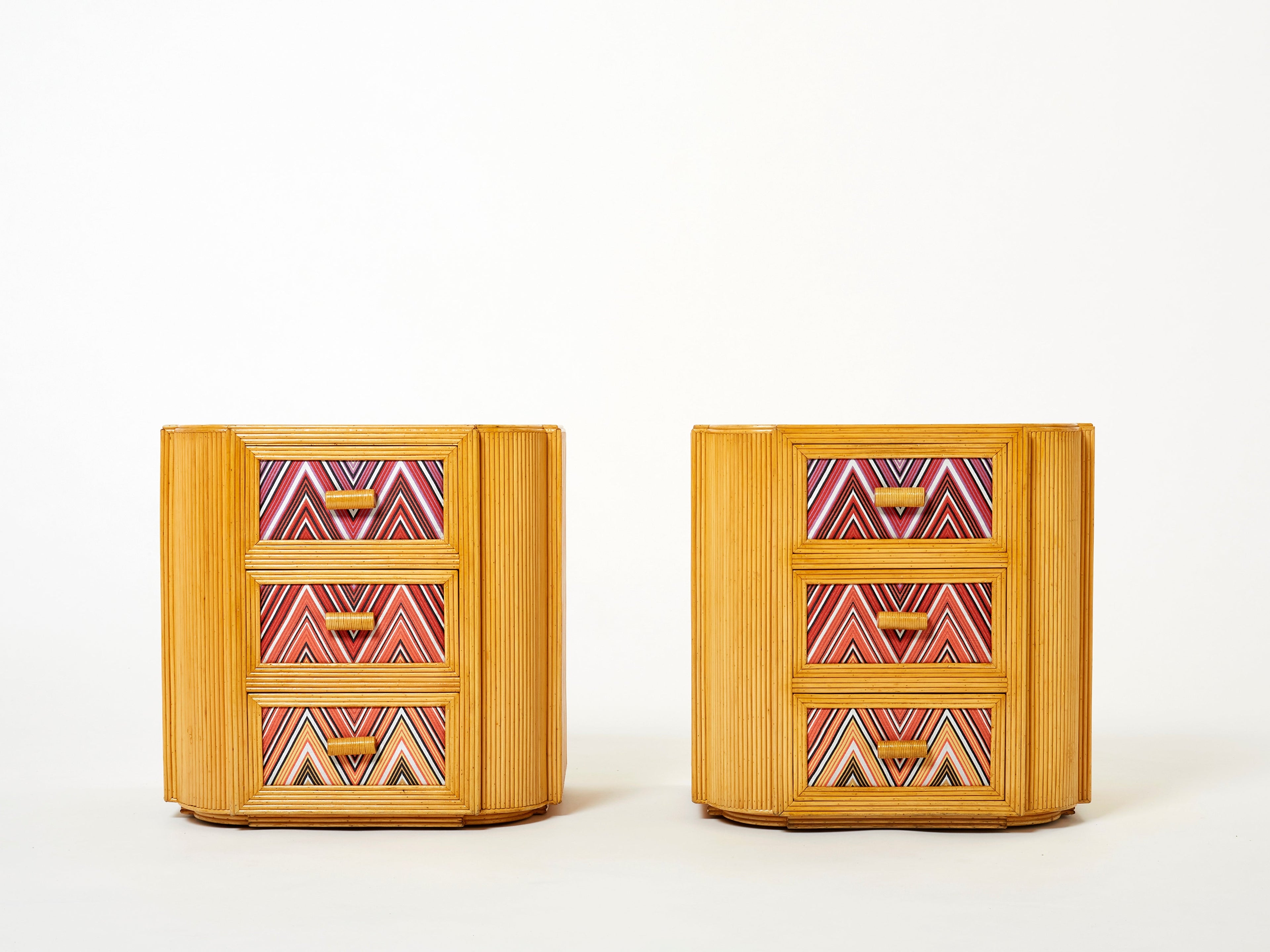 Pair of Italian Vivai Del Sud bamboo Missoni fabric night stands 1970s
