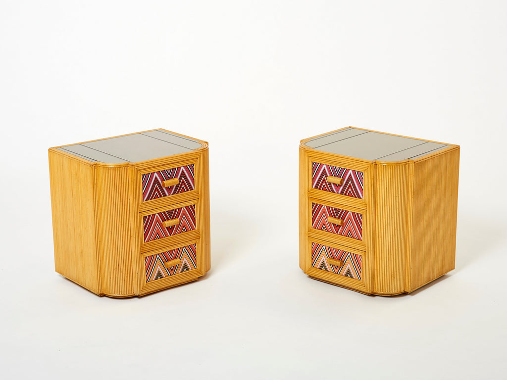 Pair of Italian Vivai Del Sud bamboo Missoni fabric night stands 1970s