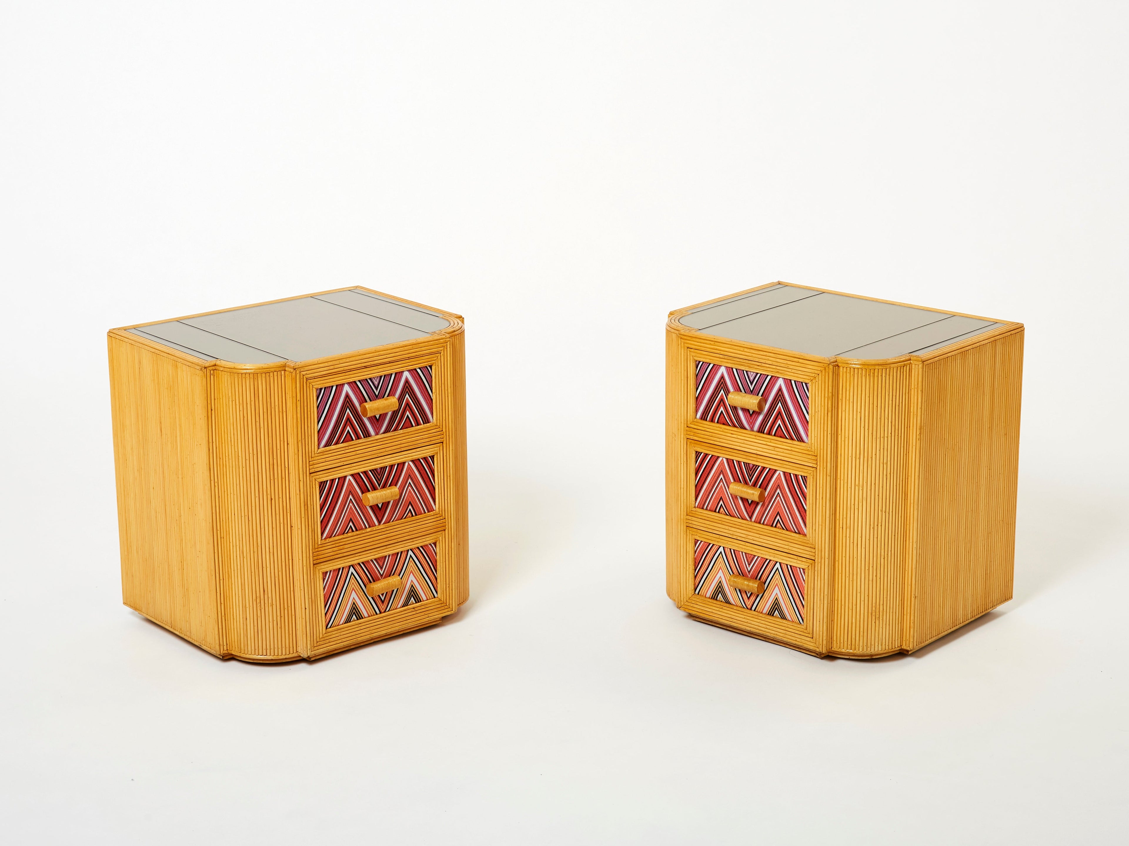 Pair of Italian Vivai Del Sud bamboo Missoni fabric night stands 1970s