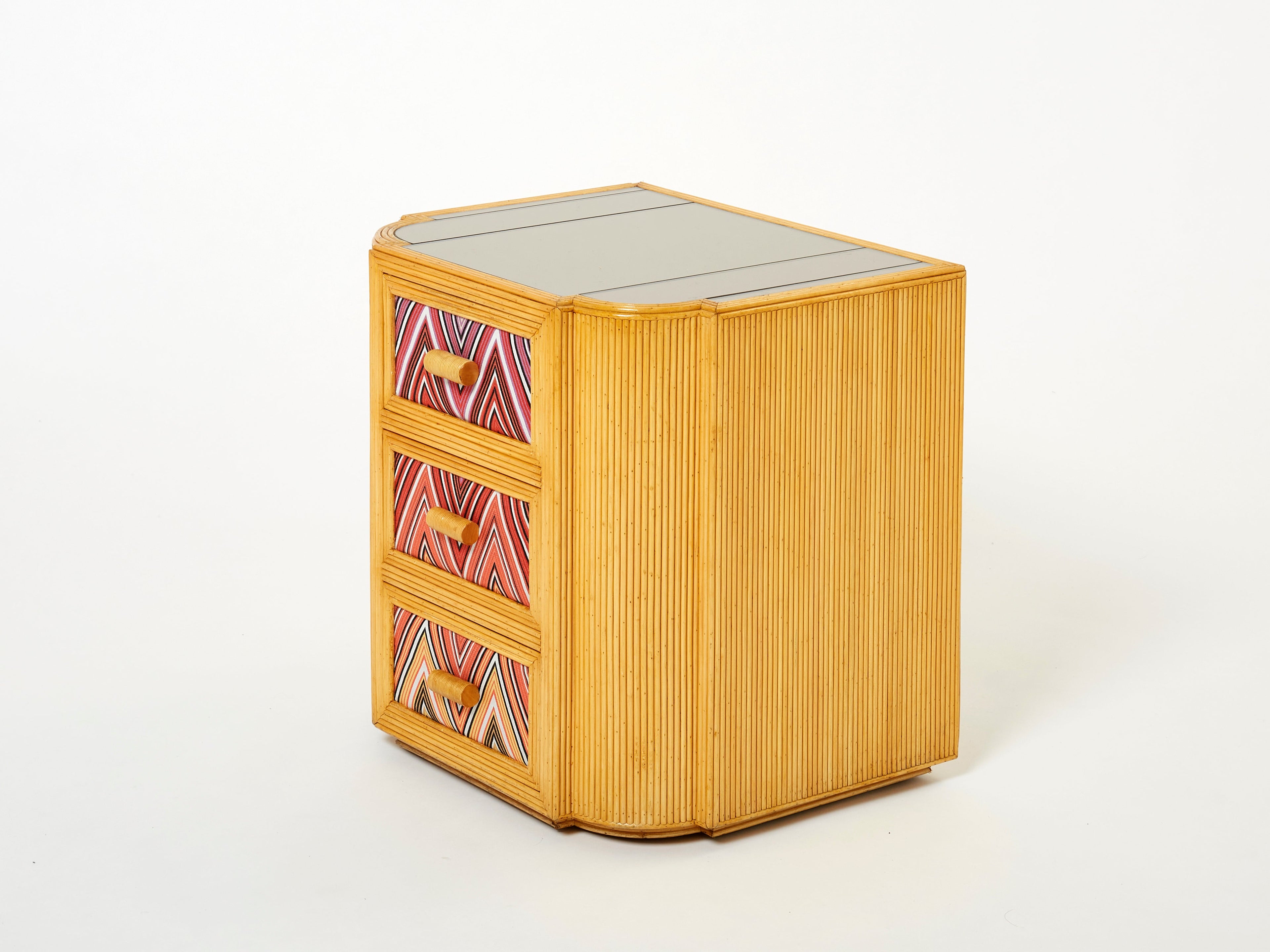 Pair of Italian Vivai Del Sud bamboo Missoni fabric night stands 1970s